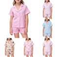 thumbnail image 1 of LIIPEE Girls Pajamas Kids Summer Cute Cartoon Graphic Print Flat Collar Short Sleeve Button-Up Shirts And Shorts Sleepwear 2 Piece Set Daily Fashion Comfortable Nightwear,10-11 Years, 1 of 4