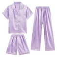 thumbnail image 1 of LIIPEE Girls Pajamas Outfits Summer Comfort Solid Color Turndown Collar Button Down Short Sleeve Tops Shorts Pants 3 Pieces Pajamas Sets Girl Breathable Sleepwear Outfit,Light Purple,12-13 Years, 1 of 2