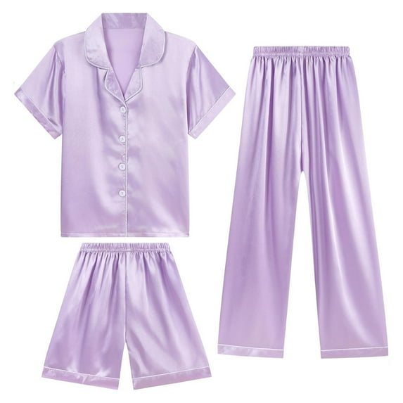 LIIPEE Girls Pajamas Outfits Summer Comfort Solid Color Turndown Collar Button Down Short Sleeve Tops Shorts Pants 3 Pieces Pajamas Sets Girl Breathable Sleepwear Outfit,Light Purple,12-13 Years