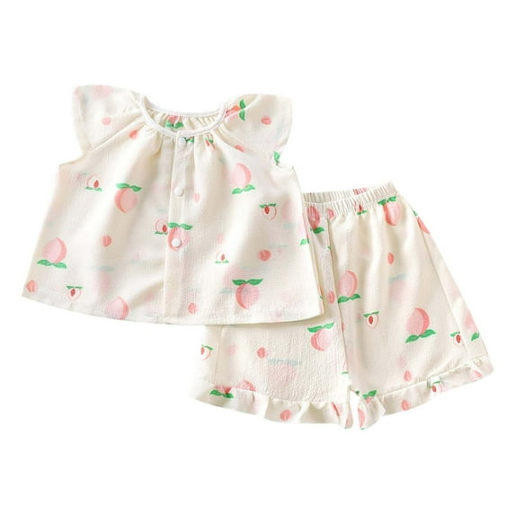 LIIPEE Girls Pajamas Outfits Summer Cute Ruffled Cartoon Printed Fly Sleeve Round Neck Button Tops Shorts 2 Piece Set Kids Classic Sleepwear Outfit,Pink,24-36 Months