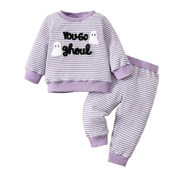 LIIPEE Girls Pajamas Sets Halloween Cartoon Ghost Embroidery Long Sleeve Round Neck Striped Shirt Pants Set Leisure Casual Lounging Homewear Pjs Outfits,Purple,2-3 Years