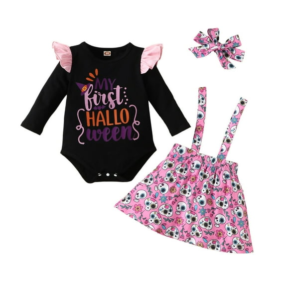 LIIPEE Girls Pajamas Sets Halloween Cartoon Skull Flower Letter Printed Ruffled Long Sleeve Round Neck Bodysuit Strap Dress Set Infant Casual Bedtime Sleepwear Pyjamas Outfits,Pink,6-9 Months