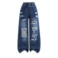thumbnail image 1 of LIIPEE Girls Pants Casual Summer Elastic Waist Solid Color Baggy Wide Leg Ripped Hole Denim Pants Jeans Kids Comfortable Breathable Soft Cute Daily Trousers,10-11 Years, 1 of 6
