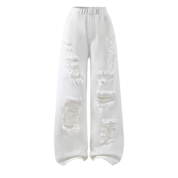 LIIPEE Girls Pants Casual Summer Elastic Waist Solid Color Baggy Wide Leg Ripped Hole Denim Pants Jeans Kids Comfortable Breathable Soft Cute Daily Trousers,11-12 Years