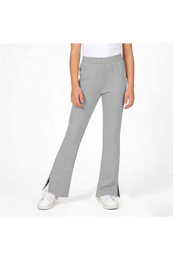 Girls Pants Flare Stretchy Slim Fit Bootcut With Side Slit Long Wide Leg Straight Casual Trousers Solid Color For Everyday Wear Clothing,Grey,4-5 Years