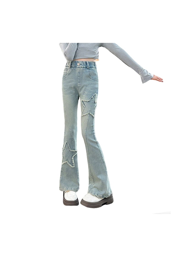 Girls Pants New Long Straight Leg Solid Color Jeans Bottoms Flared Trousers With Stars Slim Fit Stretch For Teen Fall Fashion Wear Clothes,Blue,7-8 Years