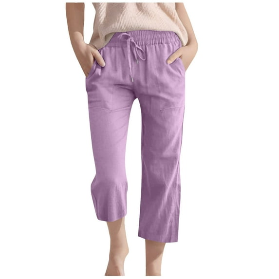 LIIPEE Girls Pants Solid Color Elastic High Waisted Drawstring Straight Wide Leg Capri Trousers With Pockets Kids Comfort Holiday School Party Pants,Purple,6-7 Years