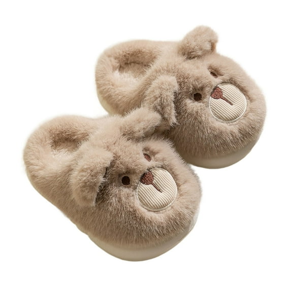 LIIPEE Girls Plush Slippers Cartoon Animal Warm Closed Toe Non- Soft Sole On Fuzzy Shoes Classic Family Gatherings House Slipper,Khaki,3-3.5 Years