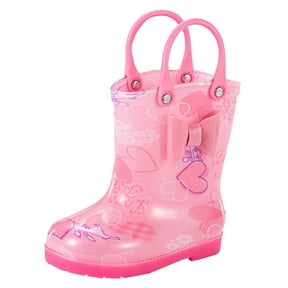 LIIPEE Girls Rain Boots Cartoon Printed Closed Toe Non-Slip Waterproof Shoes With Handles Infant Versatile Birthday Wedding Weekend Rainshoes,Pink,12-18 Months