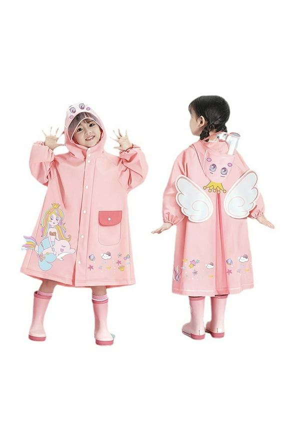 Girls Rain Wear Summer Lightweight Cute Cartoon Printed Long Sleeve Button Hooded Raincoat Child Classic Party Rain Ponchos,Pink,7-8 Years