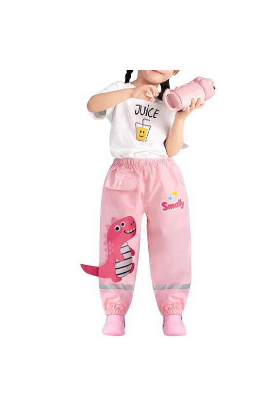 Girls Rainwear Cartoon Animal Letter Printed Elastic Waist Wide Leg Ankle-Tied Trousers With Pocket Kids Casual Vacation Rain Jackets,Pink,6-9 Years