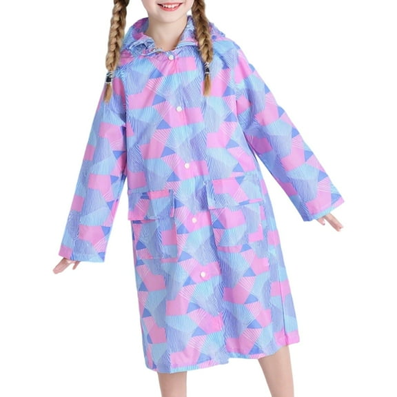 LIIPEE Girls Rainwear Cartoon Striped Graphic Printed Long Sleeve Hooded Button Down Raincoat With Pockets Child Stylish Party Rain Jackets,Light Purple,11-14 Years