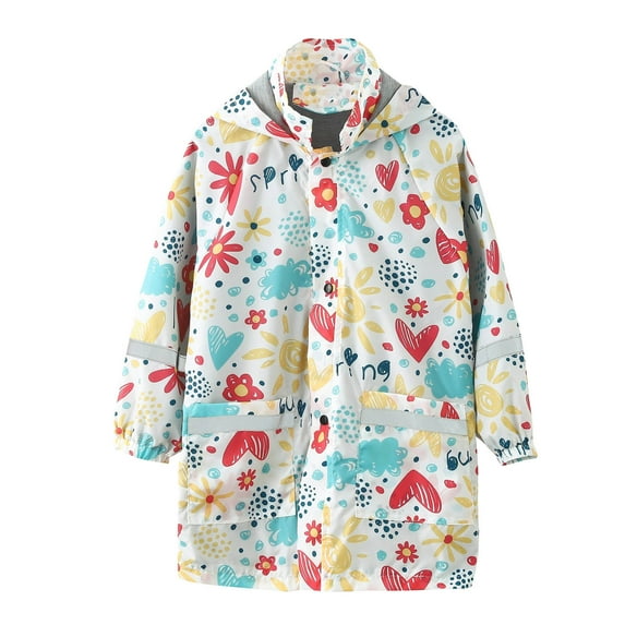LIIPEE Girls Rainwear Children Kids Hooded Cartoon Graphic Printed Raincoat Windproof Waterproof Ponchos Comfortable Breathable Soft Cute Daily Rainwear,White,4-5 Years