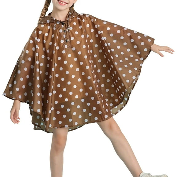 LIIPEE Girls Rainwear Dot Printed Long Sleeve Hooded Button Down Raincoat Child Stylish Party Rain Jackets,Coffee,9-11 Years