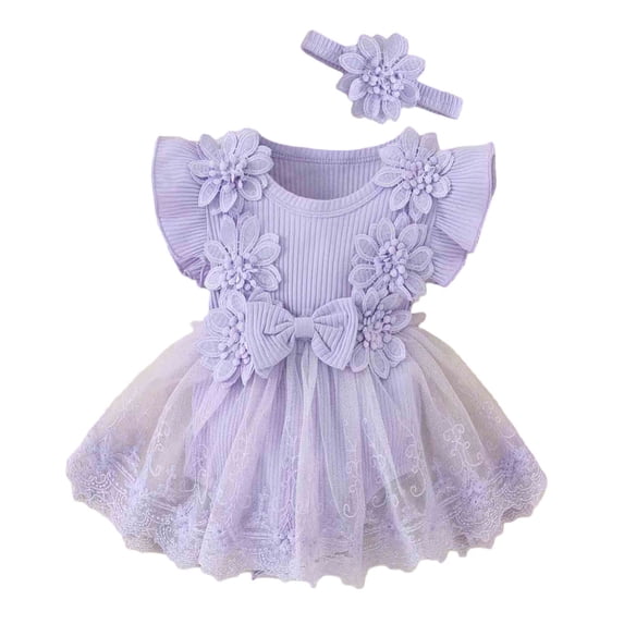 LIIPEE Girls Romper Casual Floral Embroidery Solid Color Crew Neck Fly Sleeve Bow Jumpsuit With Mesh Hem Headband Baby Breathable Ribbed Bodysuit Comfortable Cute Daily One-Pieces,Purple,6-12 Months