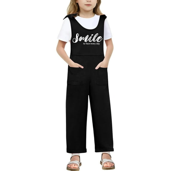 LIIPEE Girls Romper Children Kids Sleeveless Bow Shoulder Strap Jumpsuit Letter Printed Long Straight Leg Bodysuit With Pocket Comfortable Breathable Soft Cute Daily One-Pieces,Black,7-8 Years