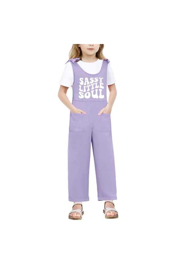 Girls Romper Children Kids Sleeveless Bow Shoulder Strap Jumpsuit Letter Printed Long Straight Leg Bodysuit With Pocket Soft Cute Comfortable Breathable Daily One-Pieces,Purple,5-6 Years