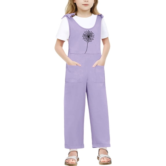 LIIPEE Girls Romper Children Kids Sleeveless Bow Shoulder Strap Jumpsuit Long Straight Leg Graphic Bodysuit With Pocket Comfortable Breathable Soft Cute Daily One-Pieces,Purple,7-8 Years