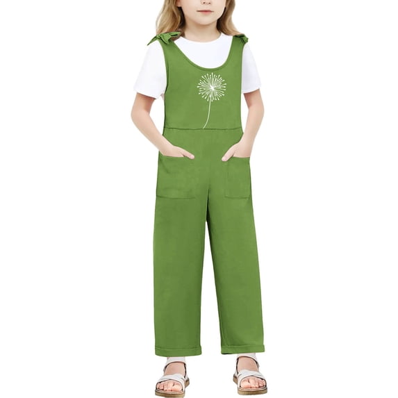 LIIPEE Girls Romper Children Kids Sleeveless Bow Shoulder Strap Jumpsuit Long Straight Leg Graphic Bodysuit With Pocket Comfortable Breathable Soft Cute Daily One-Pieces,Green,11-12 Years
