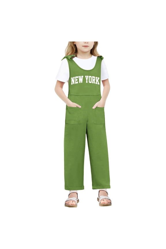 Girls Romper Children Kids Sleeveless Bow Shoulder Strap Jumpsuit Long Straight Leg Letter Printed Bodysuit With Pocket Comfortable Breathable Soft Cute Daily One-Pieces,Green,13-14 Years