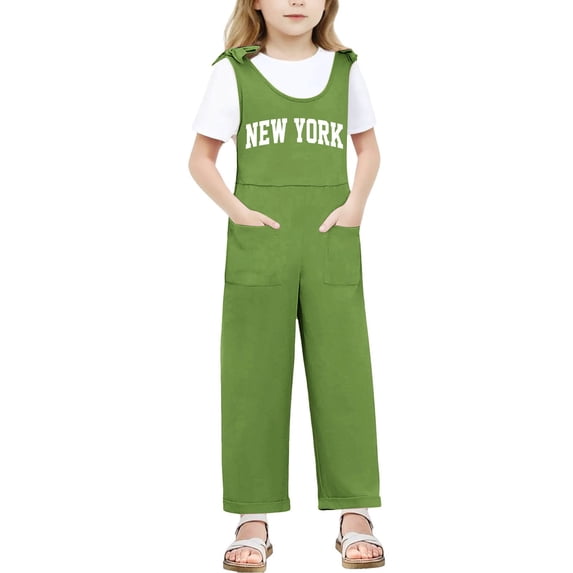 LIIPEE Girls Romper Children Kids Sleeveless Bow Shoulder Strap Jumpsuit Long Straight Leg Letter Printed Bodysuit With Pocket Comfortable Breathable Soft Cute Daily One-Pieces,Green,9-10 Years