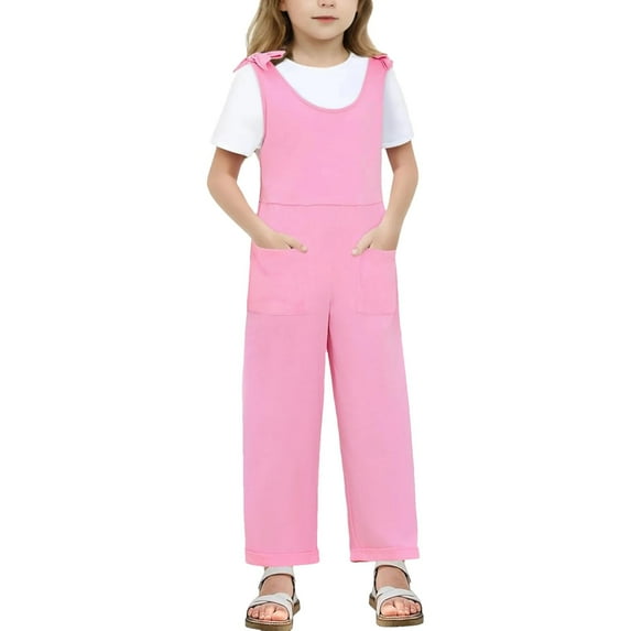 LIIPEE Girls Romper Children Kids Solid Color Sleeveless Suspenders Jumpsuit Long Straight Leg Comfortable Bodysuit With Pocket Breathable Soft Cute Daily Onesie,Pink,13-14 Years