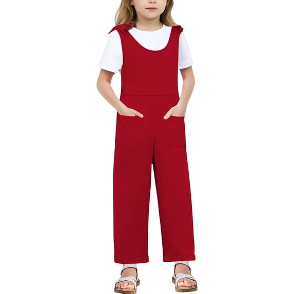 LIIPEE Girls Romper Children Kids Solid Color Sleeveless Suspenders Jumpsuit Long Straight Leg Comfortable Bodysuit With Pocket Breathable Soft Cute Daily One-Pieces,Red,11-12 Years