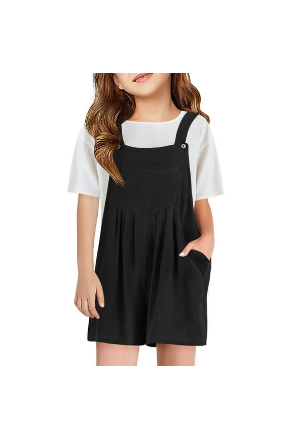 Girls Romper Kids Summer Casual Solid Color Adjustable Straps Jumpsuit With Pockets Comfortable Breathable Bodysuit Shorts Soft Cute Daily Onesie,Black,6-7 Years