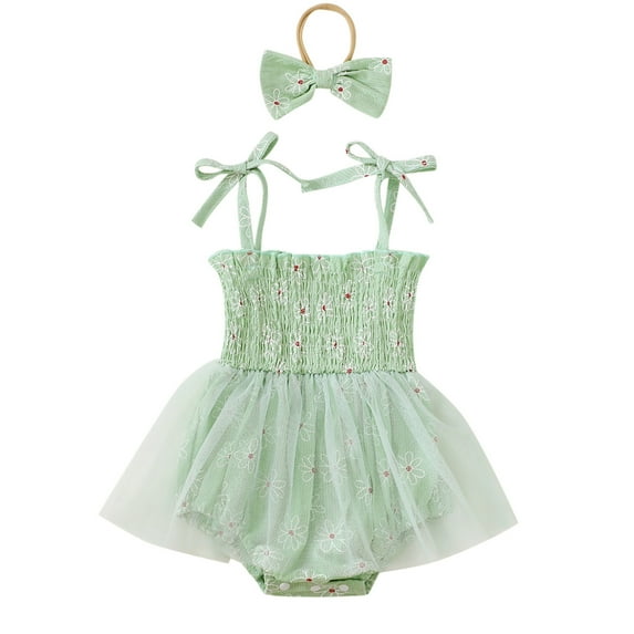LIIPEE Girls Romper Summer Floral Printed Sleeveless Mesh Jumpsuit With Bow Headband Kids Elegant Comfortable Breathable Soft Cute Daily Bodysuit,Green,0-3 Months