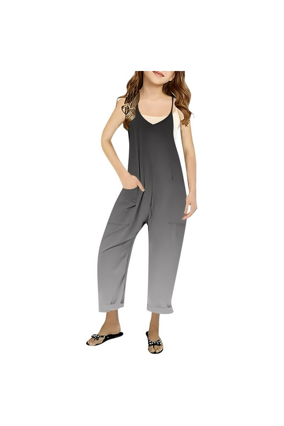 Girls Romper Summer V Neck Sleeveless Loose Fit Casual Jumpsuit With Pockets For Teens And Juniors Lightweight Comfortable Bodysuit Breathable Soft Cute Daily One-Pieces,Black,4-5 Years