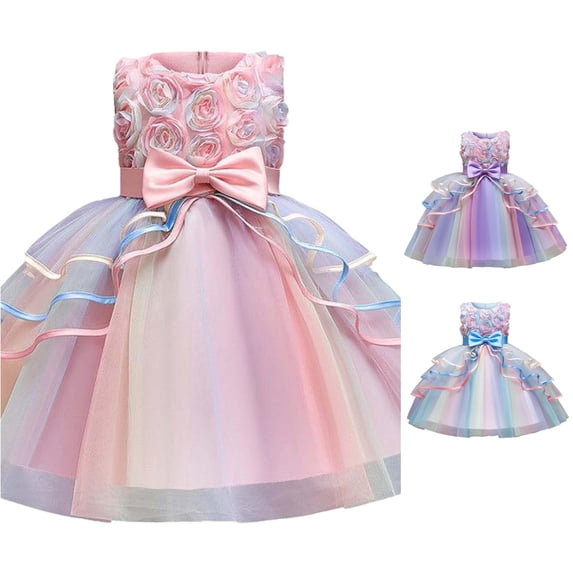 LIIPEE Girls Rose Embroidered Dress With Layered Mesh Hem Sleeveless Crew Neck Party Gown Kids Comfortable Elegant Princess Dresses,4-5 Years