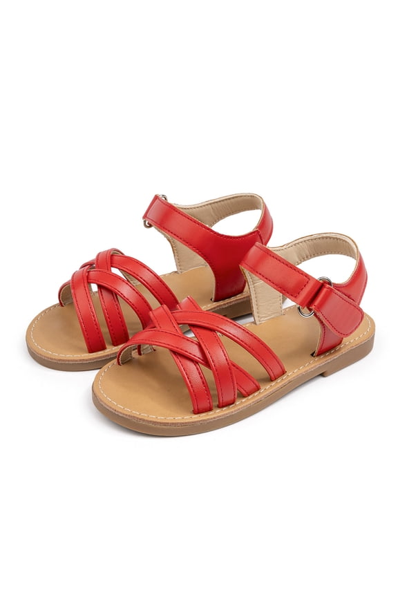 Girls Sandals Casual Summer Solid Color Open Toe Flat Bottom Fashion Sandals Toddler Kids Soft Sole Regular Fit Ankle Strap Shoes Cute Comfortable Breathable Daily Footwear,Red,1-1.5 Years