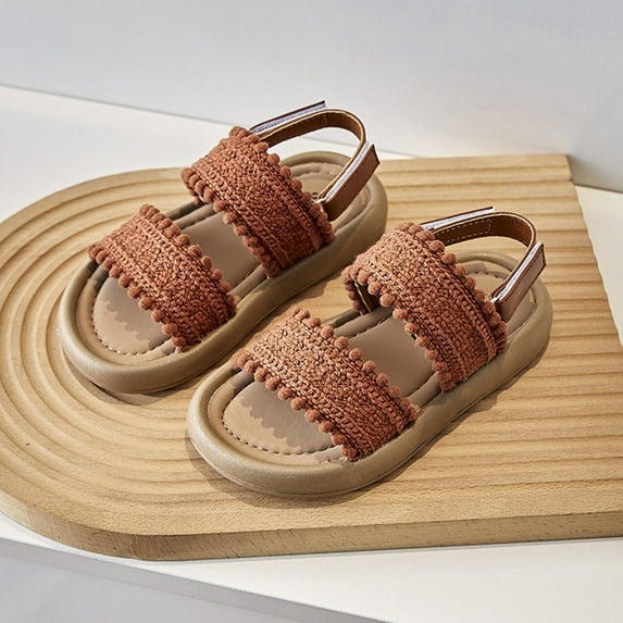 LIIPEE Girls Sandals Casual Summer Solid Color Soft Sole Open Toe Flat Bottom Sandals Children Kids Fashion Hook And Loop Cute Comfortable Breathable Daily Shoes,Brown,14-15 Years