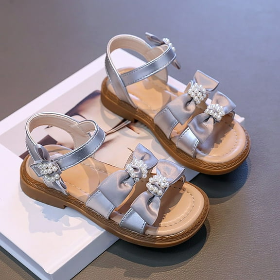 LIIPEE Girls Sandals Open Toe Non- Soft Sole Bowknot Hook And Loop Strap Princess Shoes Child Versatile School Sandal,Silver,8-9 Years