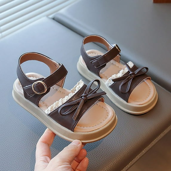 LIIPEE Girls Sandals Open Toe Non- Soft Sole Lace Bowknot Adjustable Strap Flat Princess Shoes Toddler Sweet Beach Sandal,Brown,3-3.5 Years