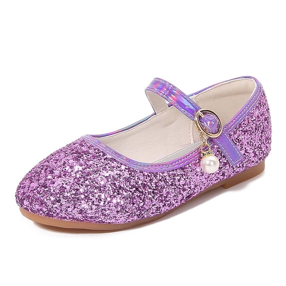 LIIPEE Girls Sandals Sparkly Sequins Pearl Fashionable Ankle Strap Flat Bottom Sandals Kids Hollow Out Performance Princess Shoes Comfortable Cute Breathable Soft Sole Footwear,Purple,4-4.5 Years