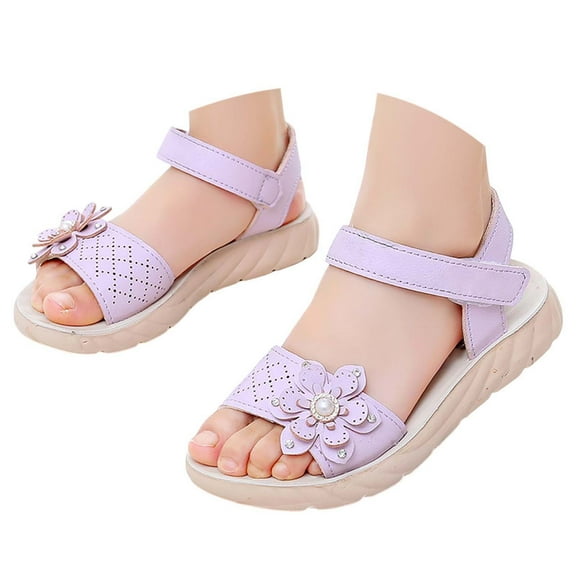 LIIPEE Girls Sandals Summer New Cute Flower Hook And Loop Strap Open Toe Non- Soft Sole Shoes Toddler Stylish Party Princess Sandal,Light Purple,3.5-4 Years