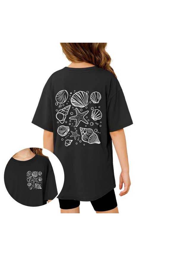 Girls Shirts Cartoon Graphic Printed Short Sleeve Round Neck Tshirt Toddler Casual Vacation Tee,Black,3-4 Years