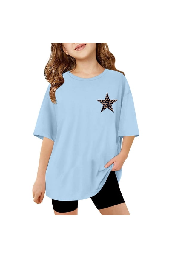 Girls Shirts Cartoon Leopard Printed Short Sleeve Round Neck Tshirt Kids Stylish Baby Photography Tee Shirts,Light Blue,8-9 Years