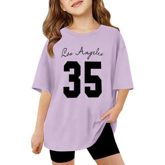 LIIPEE Girls Shirts Cartoon Letter Number Printed Short Sleeve Round Neck Tshirt Girl Classic Vacation Tee Shirts,Purple,8-9 Years