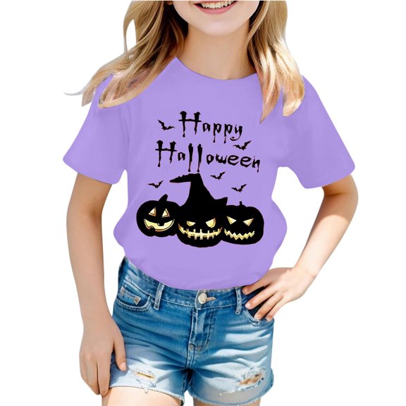LIIPEE Girls Shirts Halloween Cartoon Pumpkin Letter Printed Short Sleeve Round Neck Tshirt Top Infant Leisure Vacation Tee Shirts,Purple,1-2 Years