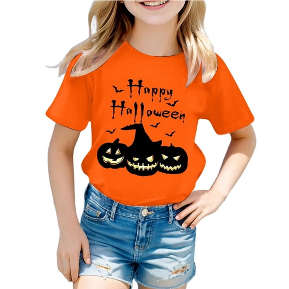 LIIPEE Girls Shirts Halloween Cartoon Pumpkin Letter Printed Short Sleeve Round Neck Tshirt Top Newborn Casual Weekend Tee Shirts,Orange,1-2 Years