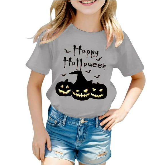 LIIPEE Girls Shirts Halloween Cartoon Pumpkin Letter Printed Short Sleeve Round Neck Tshirt Top Toddler Comfort Outdoor Wear Tee Shirts,Grey,4-5 Years