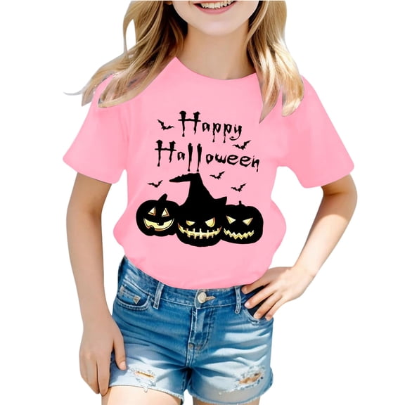 LIIPEE Girls Shirts Halloween Cartoon Pumpkin Letter Printed Short Sleeve Round Neck Tshirt Top Toddler Comfort Party Tee,Pink,0-1 Years