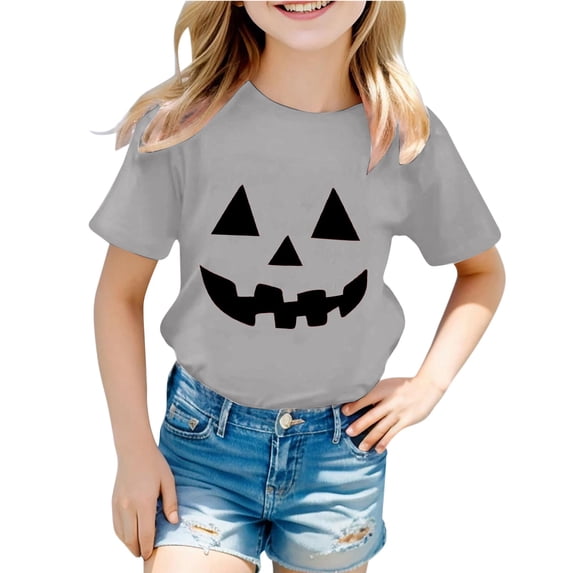 LIIPEE Girls Shirts Halloween Cartoon Pumpkin Printed Short Sleeve Round Neck Tshirt Top Girl Stylish School Tee Shirts,Grey,12-13 Years