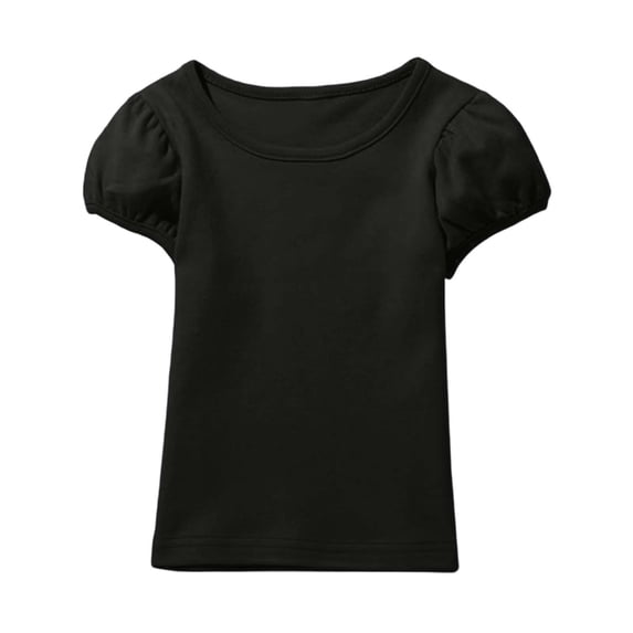 LIIPEE Girls Shirts Solid Color Puff Sleeve Round Neck Top Girl Versatile Daily Tee,Black,5-6 Years