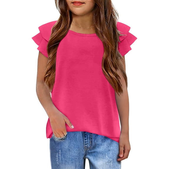 LIIPEE Girls Shirts Solid Color Ruffles Sleeve Round Neck Plain Tshirts Top Stylish Vacation Tee Shirts,Hot Pink,3-4 Years