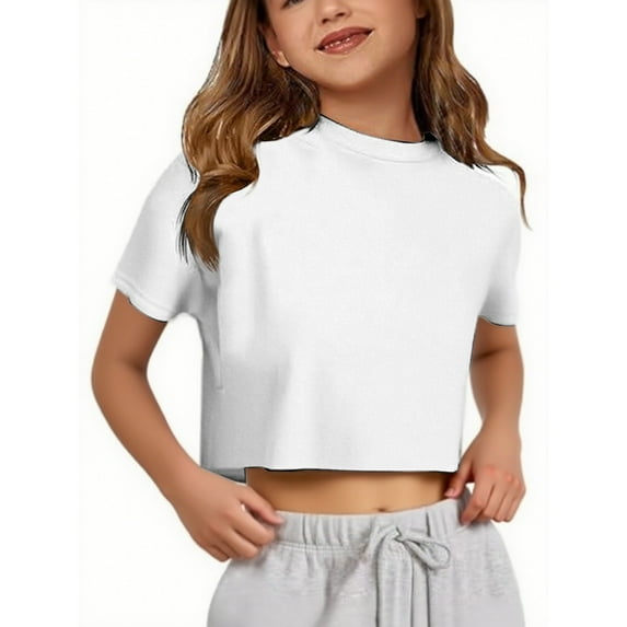 LIIPEE Girls Shirts Solid Color Short Sleeve Round Neck Tshirt Child Casual Daily Tee,White,9-10 Years