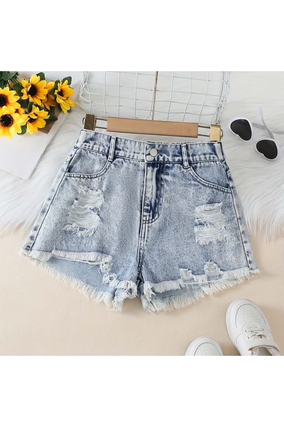 Girls Shorts Summer Casual Solid Color Elastic High Waist Fashion Ripped Hole Distressed Denim Shorts With Pockets Children Comfortable Breathable Soft Cute Daily Shorts,8-9 Years