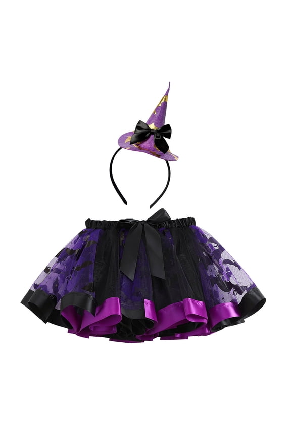 Girls Skirts Halloween Cartoon Bat Printed Tulle Ballet Dance Tutu Skirt With Hairband Trendy Holiday School Party Skirt,Dark Purple,4-5 Years